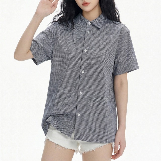 asymmetrical color check pattern short-sleeved shirt　アシンメトリーカラーチェック柄半袖シャツ　J1867