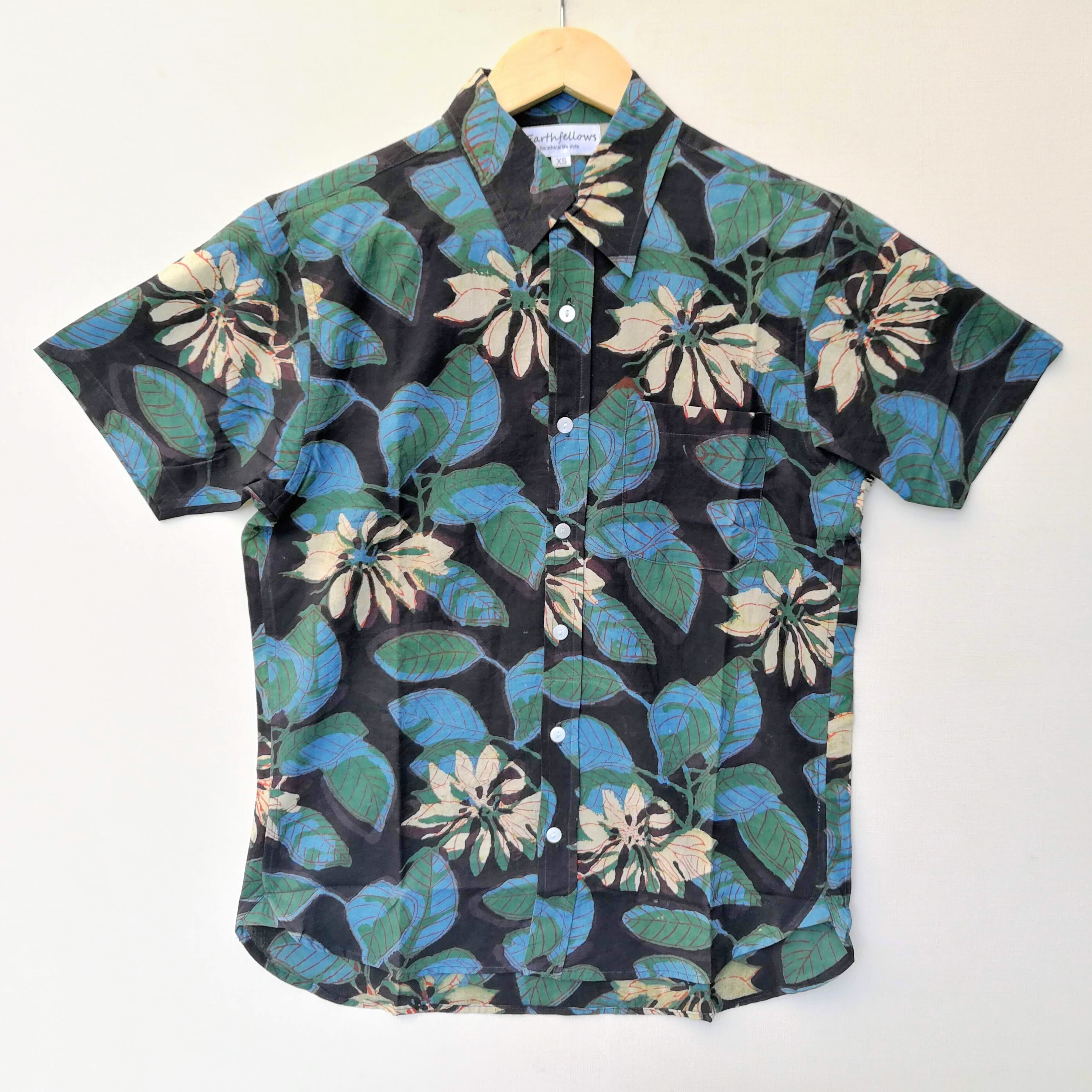 ★涼しさ抜群★オーガニックコットン草木染ブロックプリント半袖シャツ５（XS～XL）