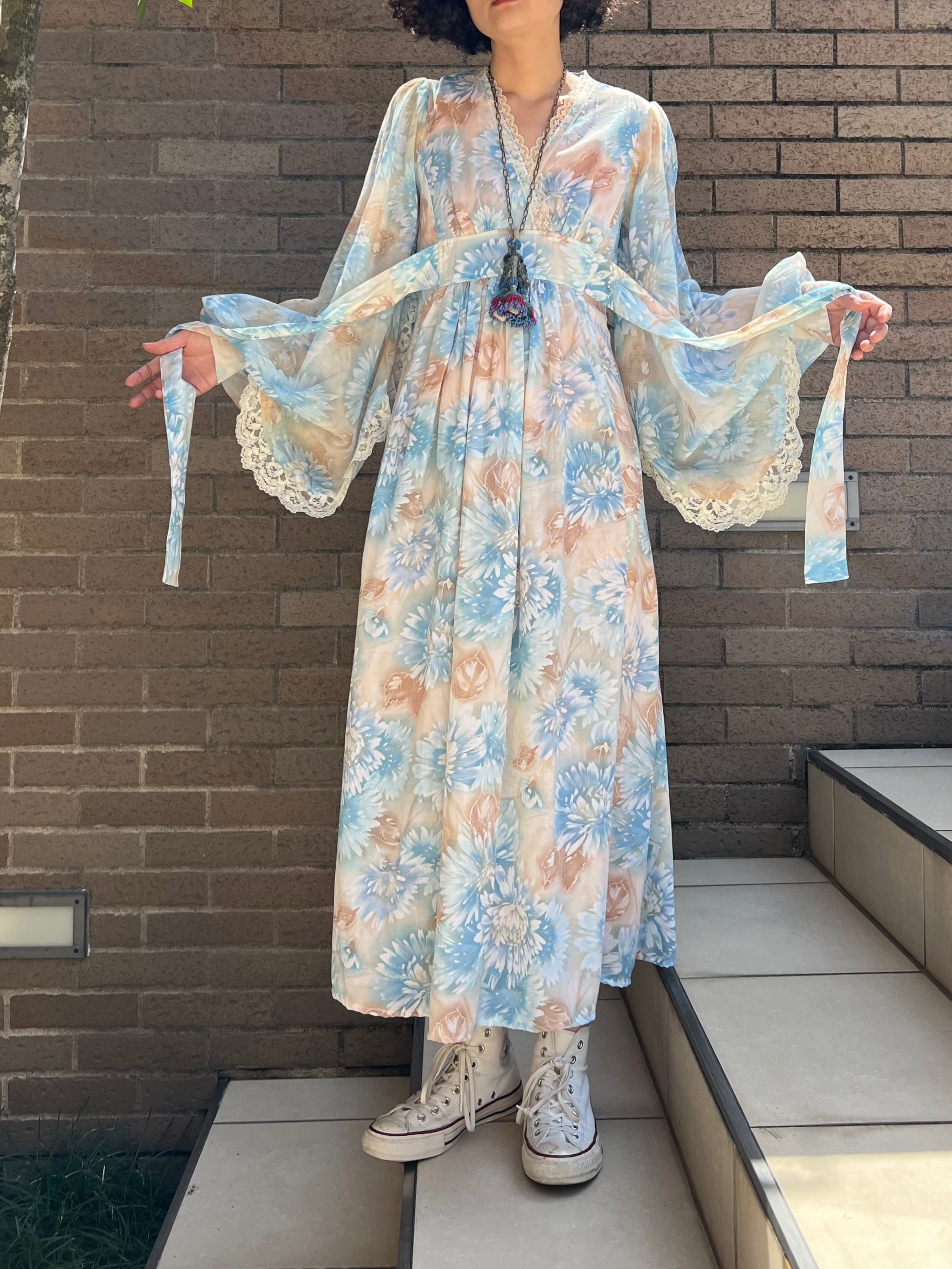 70s floral × lace dress ( ヴィンテージ 花柄 × レース ワンピース
