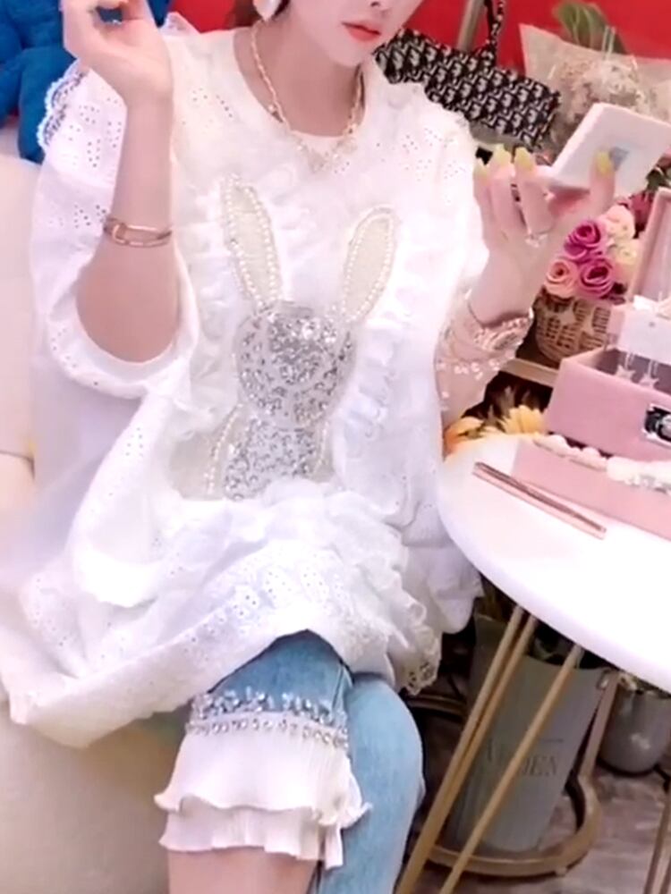 サマールーズラウンドネックレースシャツ トップス 大きめサイズ 夏物 Oネック ステッチ ミックスインファッション64908897582