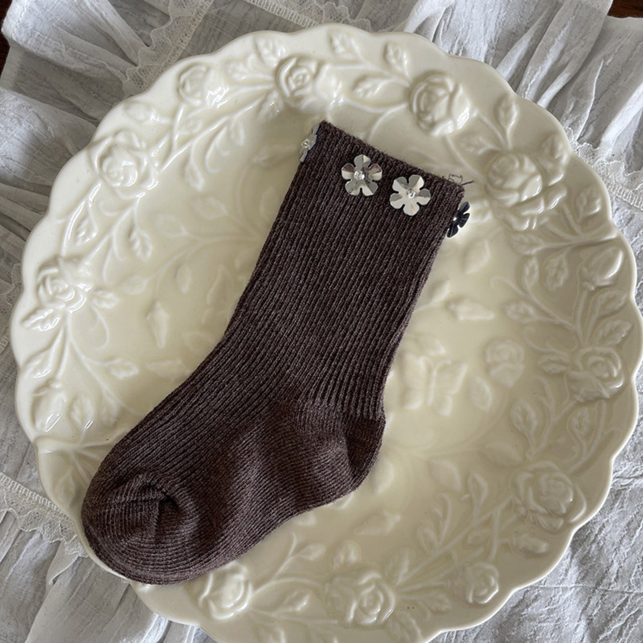 GOODS手縫いシルバー花ソックス