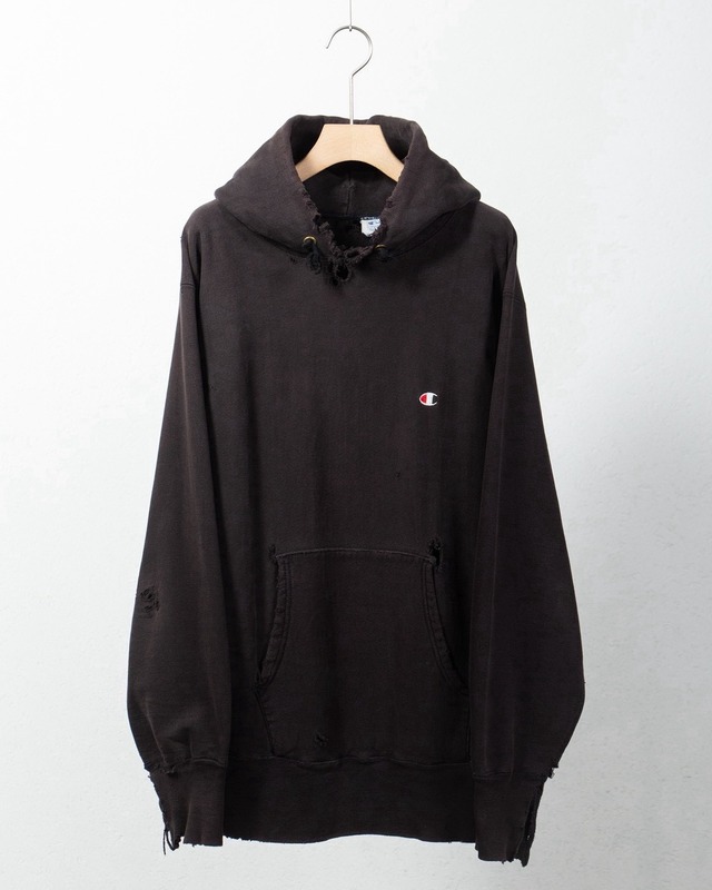 old "Champion" REVERSE WEAVE good dameged hoodie sweat Made In USA COLOR:BLACK