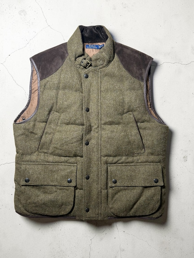 Polo Ralph Lauren Wool Hunting Brown Suede Shoulder Patch Multi Pocket Vest