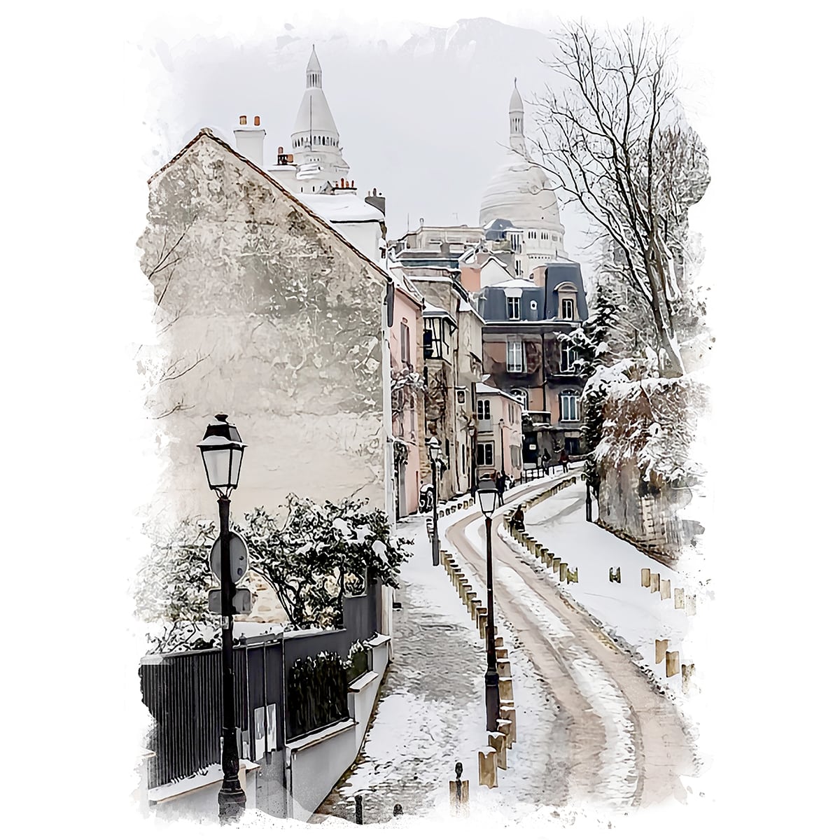 絵画 風景画(街並み) 冬 雪のフランス パリ モンマルトル インテリア 