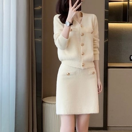 ツイード風ニットトップス.・スカート2点セット YH8814