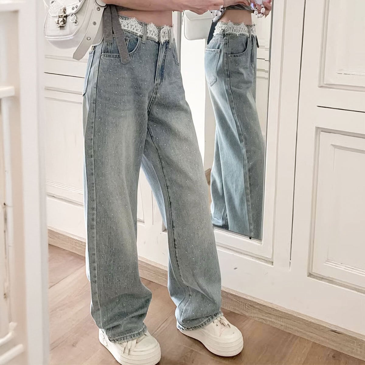 ビジューデニム ジーンズ レディース 韓国 デニム レースウエスト 大人