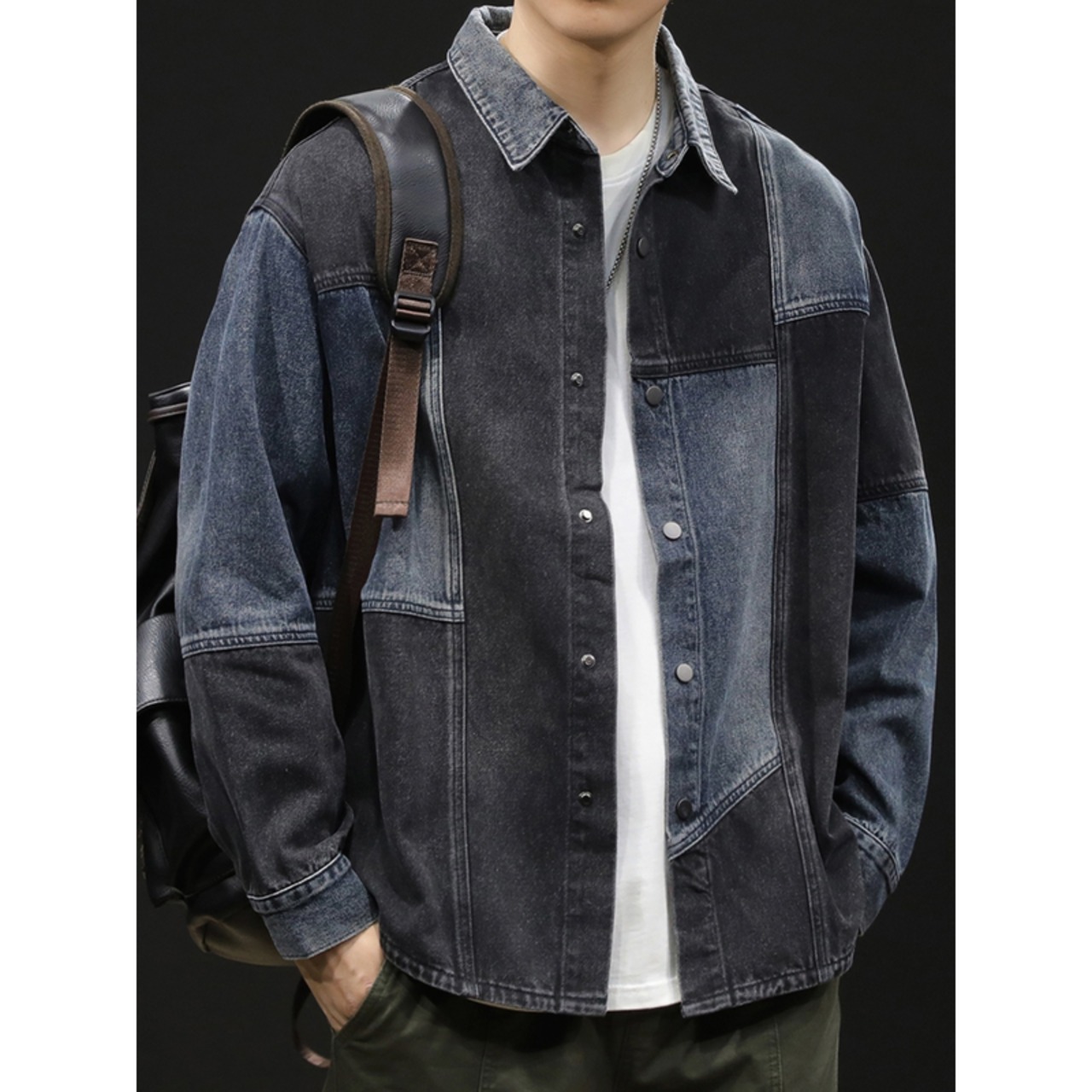 Patchwork Design Long Sleeve Regular Color Denim Shirt H0472