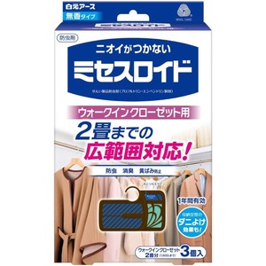 【在庫のみ】ミセスロイド 白元アース 衣類防虫剤 ウォークインクローゼット用 3個入 無香 無臭 1年間有効 収納空間のダニよけ効果付き 虫除け 消臭 黄ばみ防止