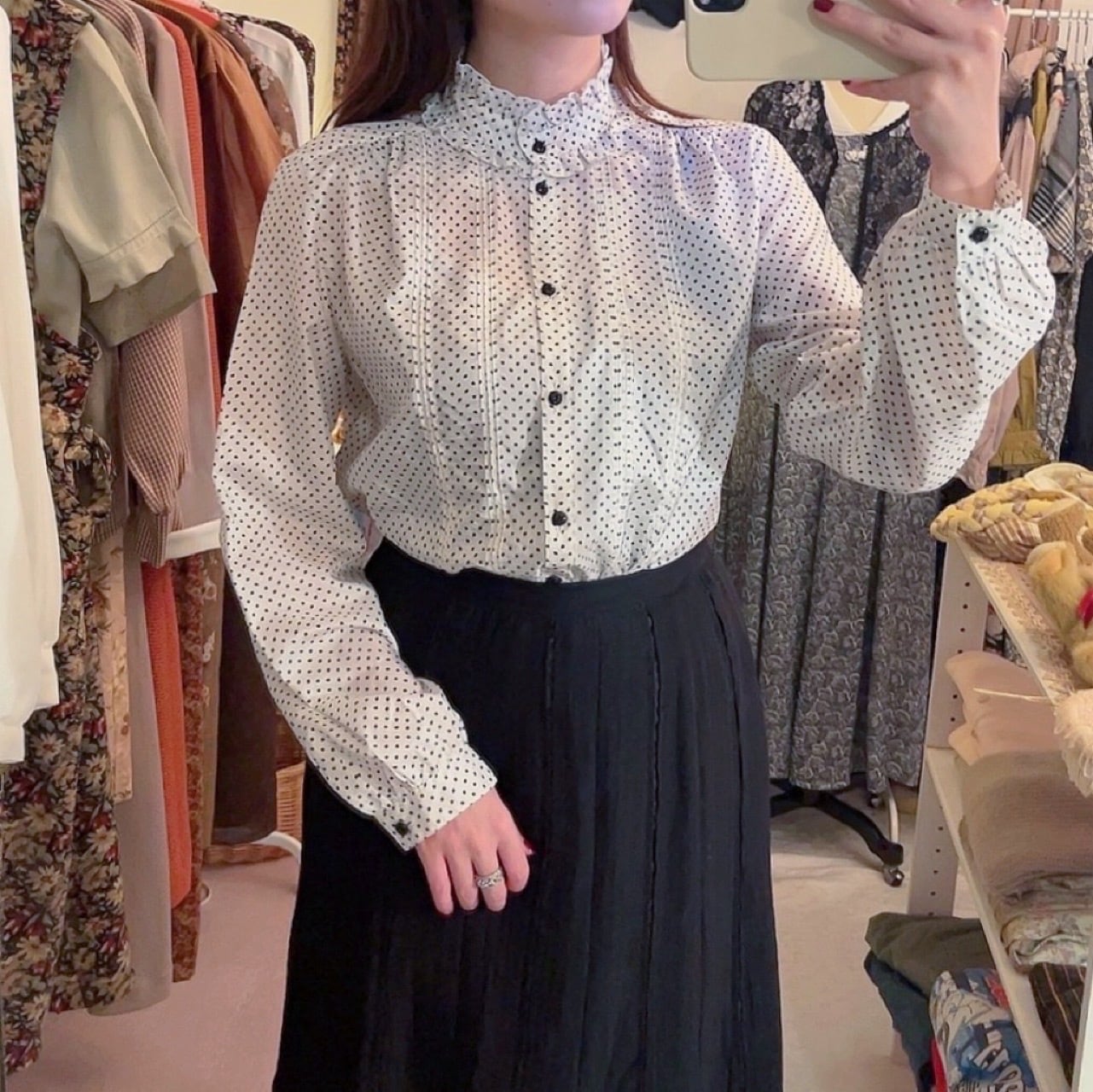 black dot stand collar blouse
