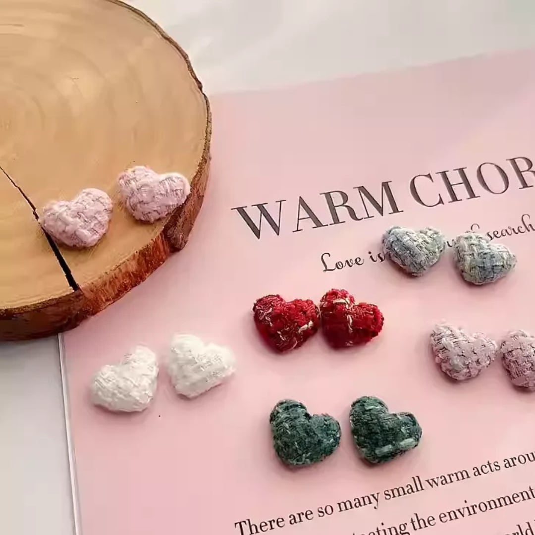 Heart Silver Earrings – Woven Button Plush Winter Clip-On Earrings for Non-Pierced Ears(CF031)