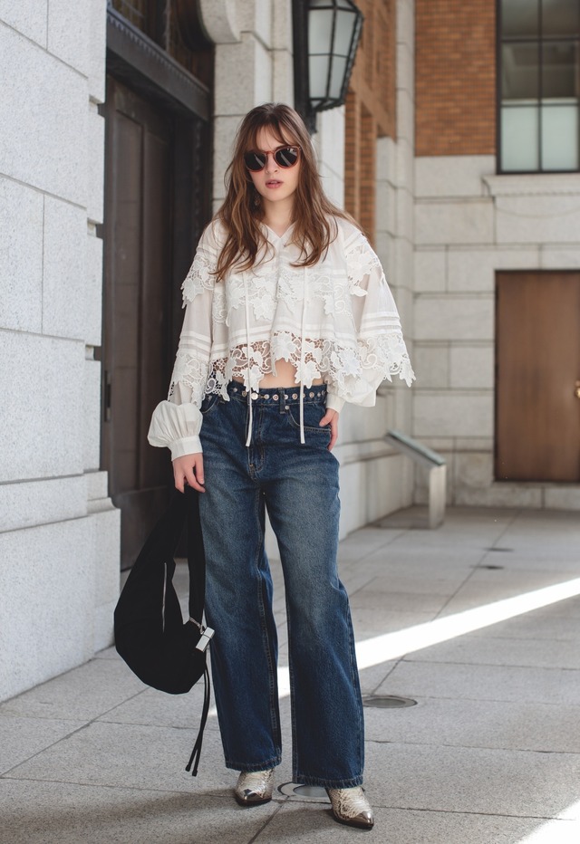 （select)スタッズデニム(インディゴブルー/ブラックデニム）