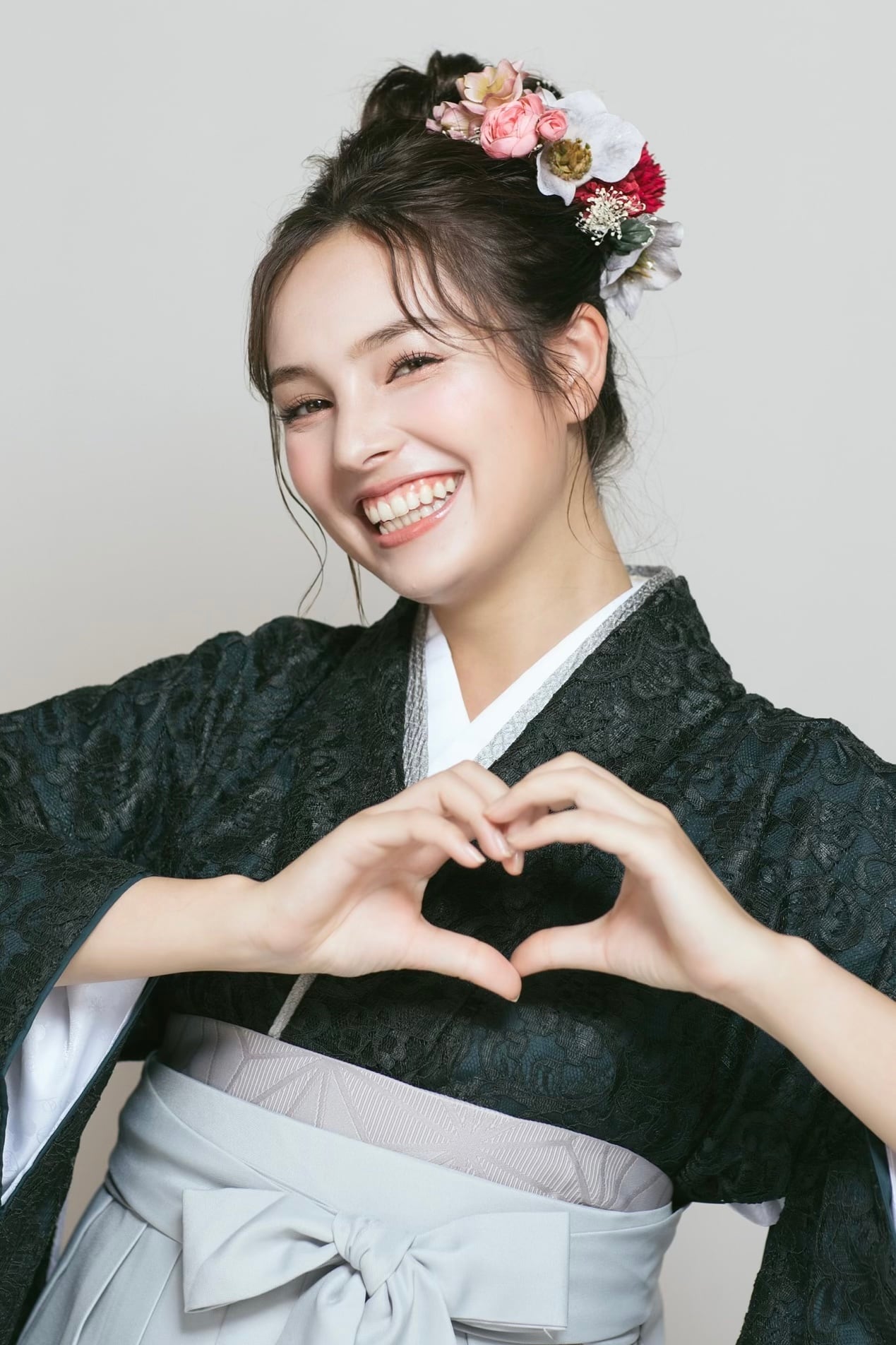 Kimono Sienne 卒業式袴3点セット 総レース二尺袖 ダークグリーン
