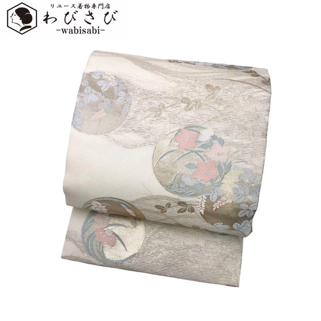 夏帯 名古屋帯 絽 花模様 萩 桔梗 金銀糸 乳白色 O-4878 着物 きもの  