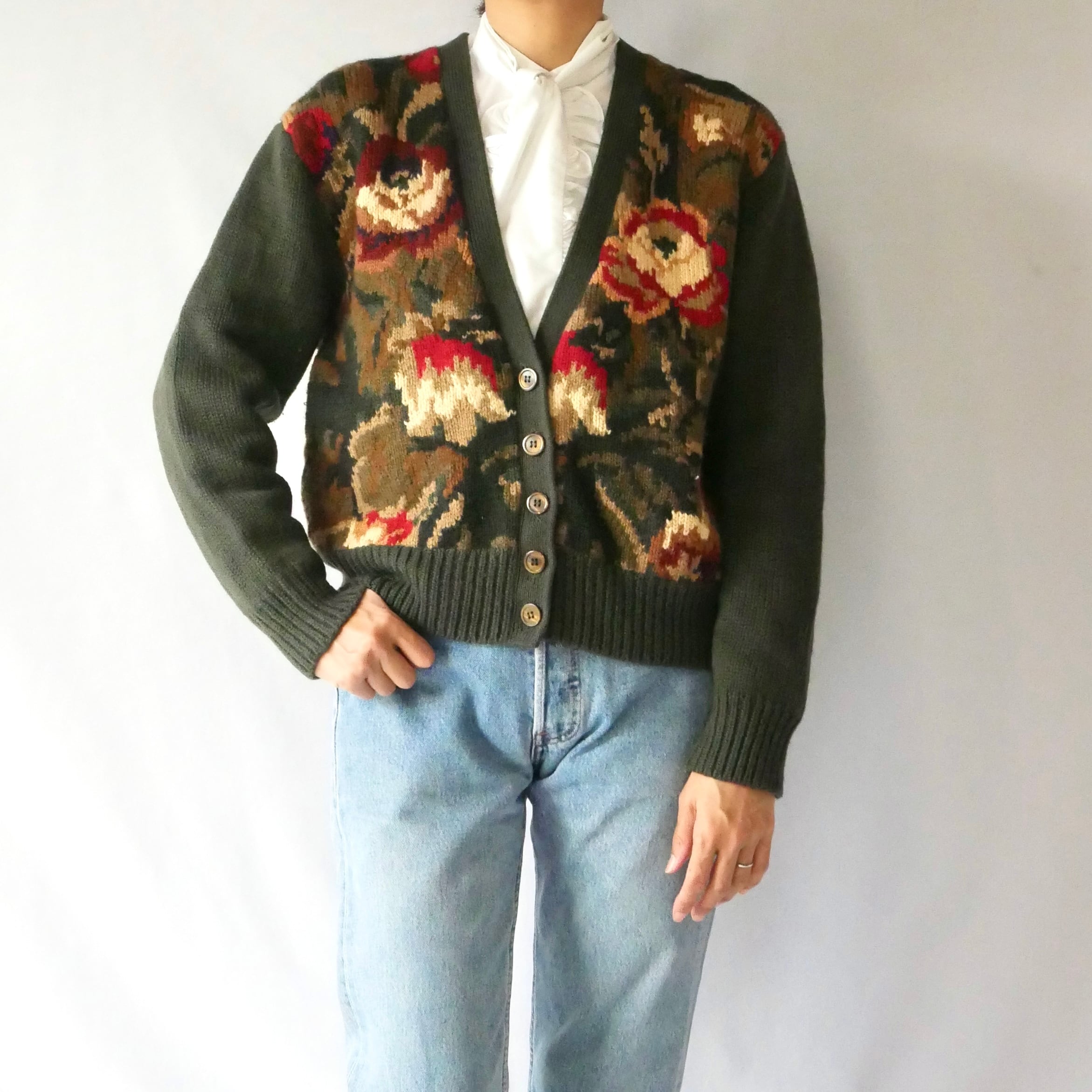 80s vintage darkgreen floral jacquard knit cardigan 80年代