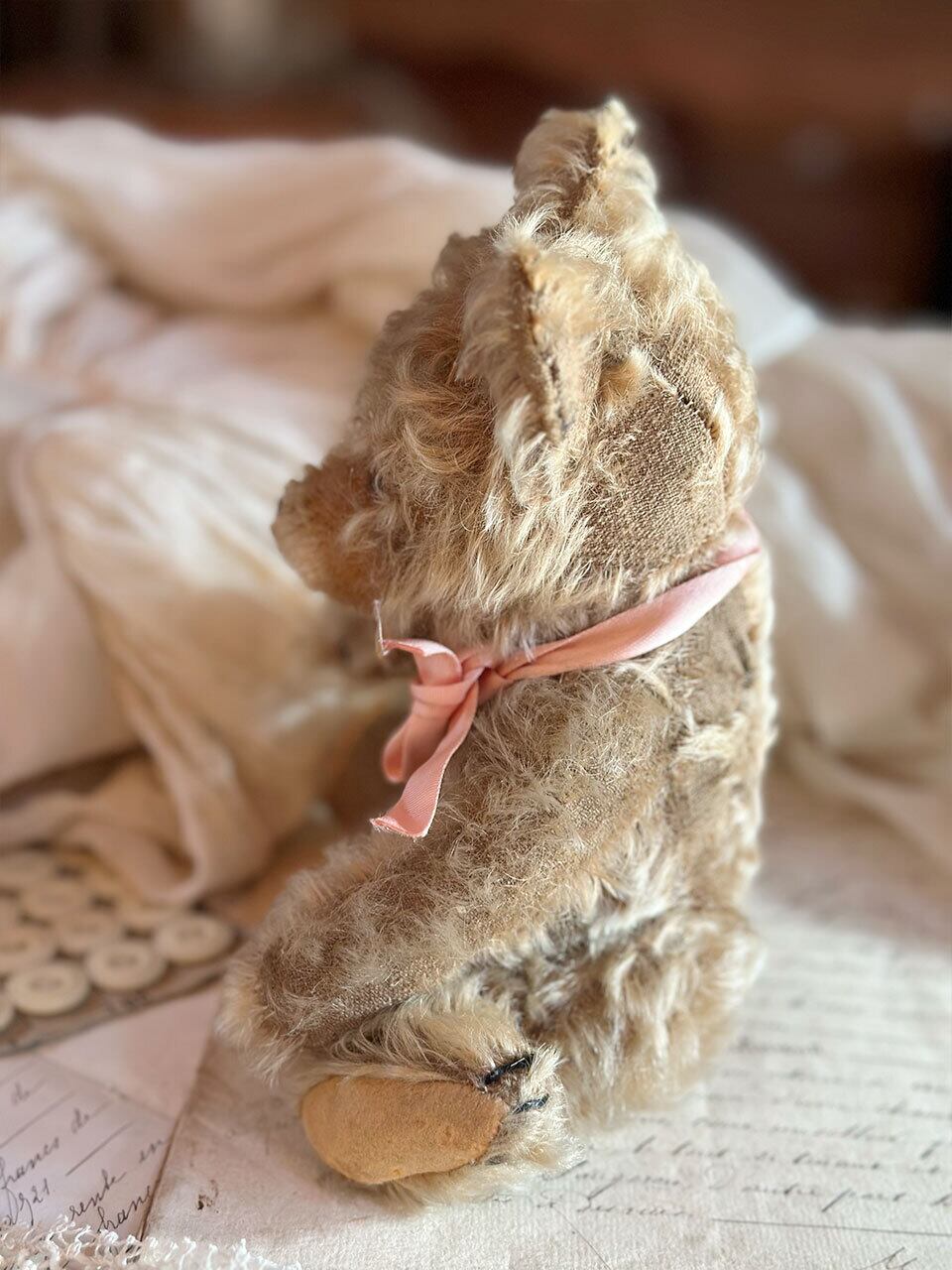 ピンクリボンのオープンマウスベア くま ぬいぐるみ | Brocante de La