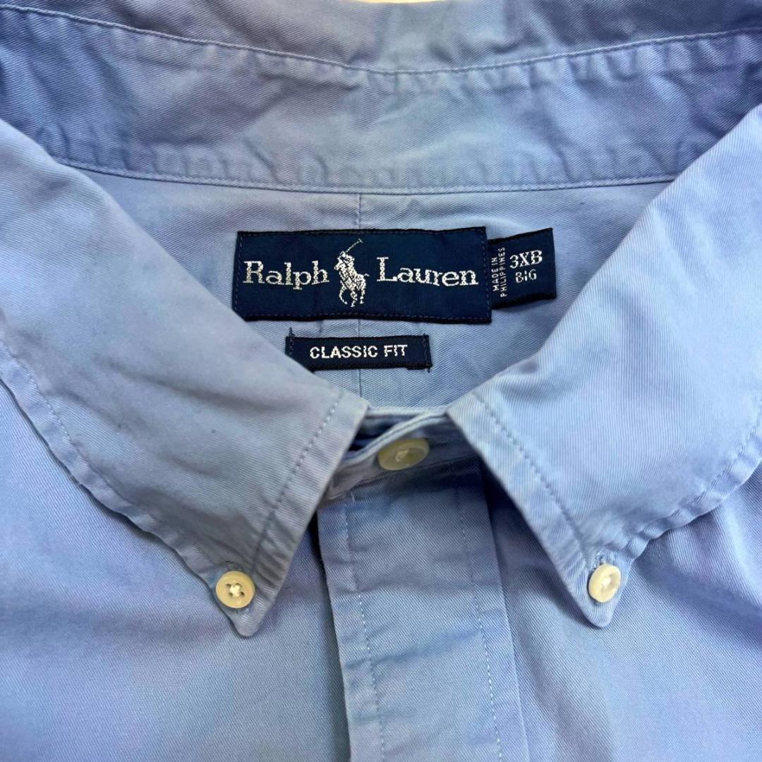 90s ポロ ラルフローレン オックスフォード 半袖シャツ 3XB ブルー ボタンダウンシャツ POLO Ralph Laure 無地シャツ  ビッグサイズ 古着 ビッグシャツ オーバーサイズ