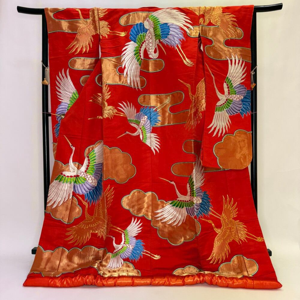 色打掛 正絹 鶴 刺繍 赤 打掛 花嫁衣裳 ポリエステル リサイクル 中古 ブライダル ウエディング 着物 6090