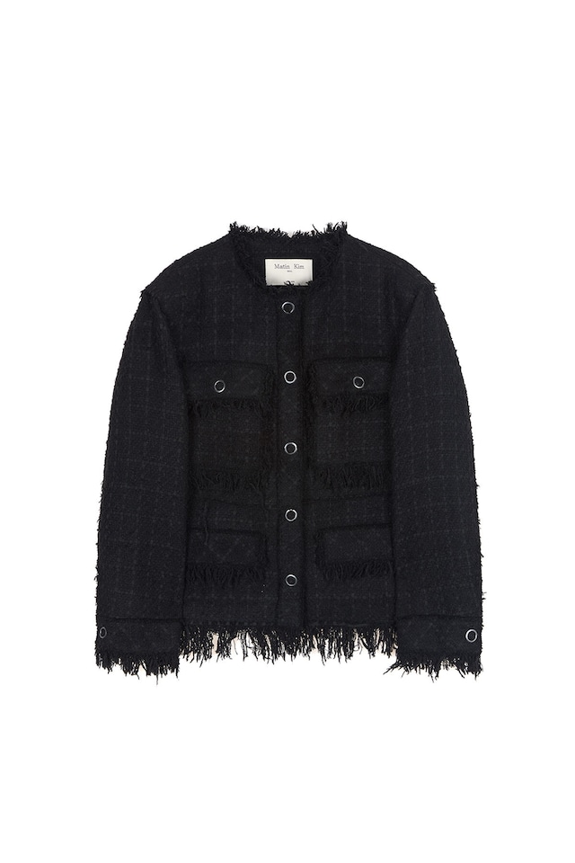 [Matin Kim] TWO WAY COLLARLESS TWEED JACKET IN BLACK 正規品 韓国ブランド 韓国通販 韓国代行 韓国ファッション マーティンキム matinkim 日本 店舗