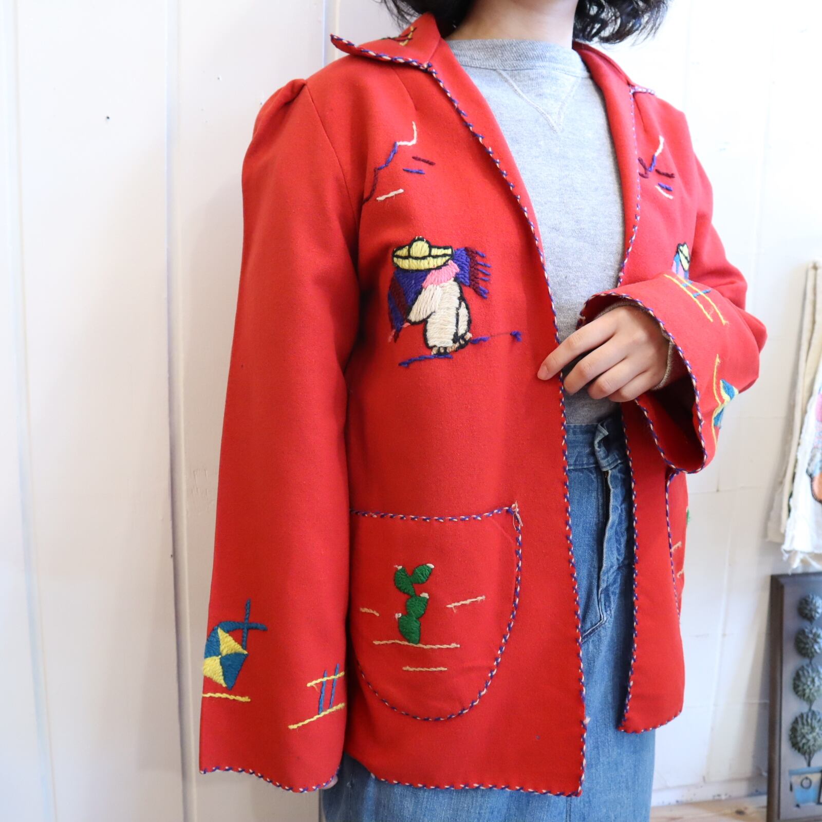 50s-60s red×colorful embroidery Mexican jacket [l-4577] | Fizzvintage