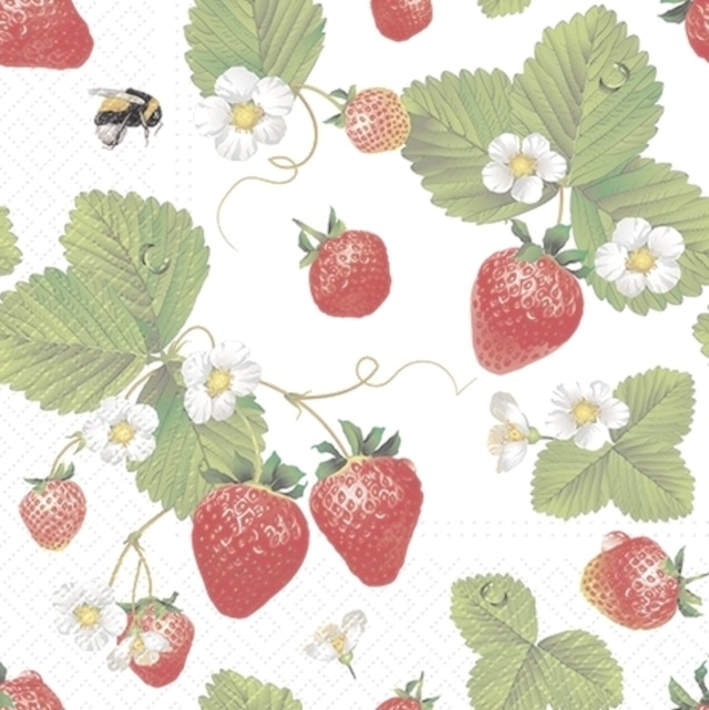 【PAW】バラ売り2枚 ランチサイズ ペーパーナプキン strawberries with bees ホワイト