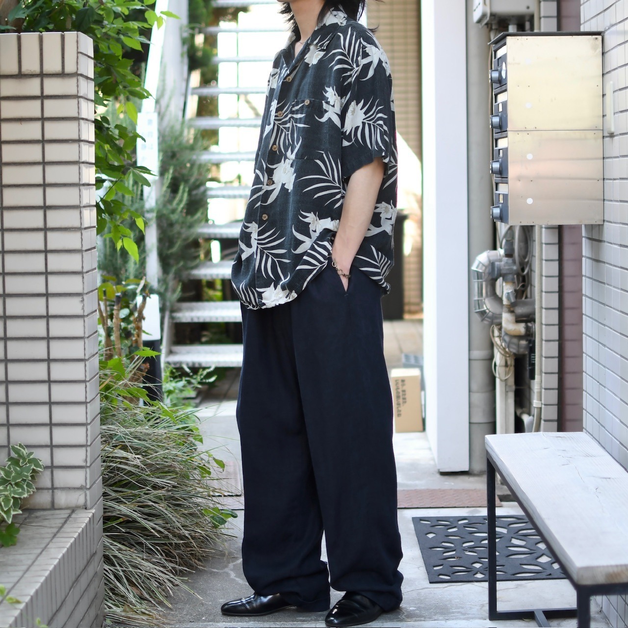 silk linen aloha shirt charcoal gray
