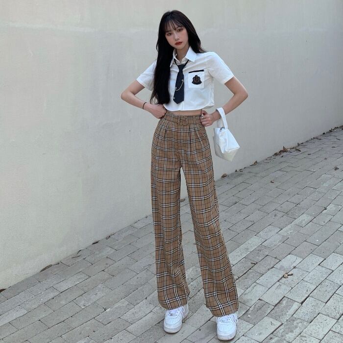 ホワイトショートシャツ ウェスト格子柄ワイドレッグパンツ ワイドパンツ ドラファッションホール93452059374