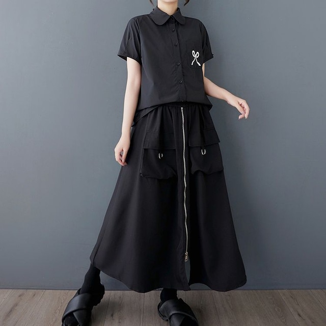 SOLID FULLZIP ELASTIC WAIST A-LINE LONG CASUAL SKIRT 2colors M-11975