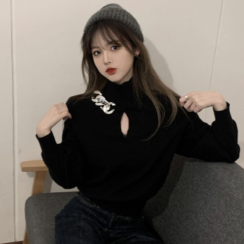 チェーン ニットセーター スプリングオータムスタイル長袖スリーブトップス ロング 春物 秋物 1号婦人93685982945