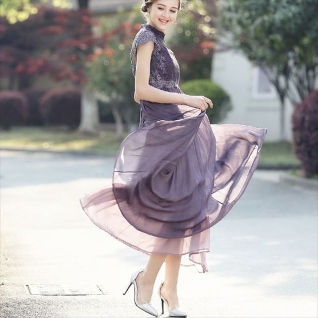 国内即納 即日配送 パーティードレス ワンピース ドレス ワンピ パープル シフォン レース フレア ロング ワンピース 結婚式 2次会 卒業式 入学式 ブライダル 謝恩会 二次会 ウェディング 結婚式 女子会 10代 代 30代 パーティー おしゃれ かわいい D166 パーティー