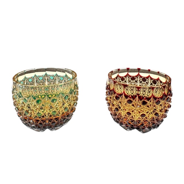 門脇硝子加工所アウトレット福袋2026 クリスタルぐい吞セット（蕾）　琥珀色緑　琥珀色赤