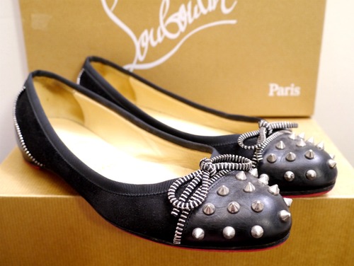 レア10万★ChristianLouboutin クリスチャンルブタン リボンxスパイクスタッズ スエードレザー フラット パンプス バレエシューズ 36.5 黒