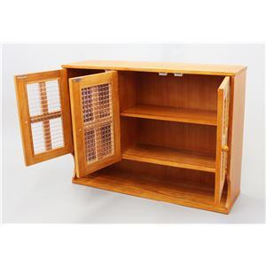 カウンター上収納 調味料入れ 幅68cm リーフ柄 ライトブラウン 上置き 引き戸 収納棚 両面開閉 木製 キッチン 台所 完成品