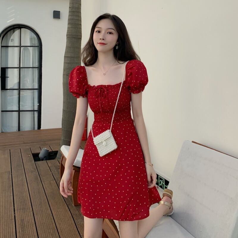 スリーブドレス サマースタンダードカラーウェストAラインスカート レトロ 夏物 スクウェア ドラファッションホール70337110073