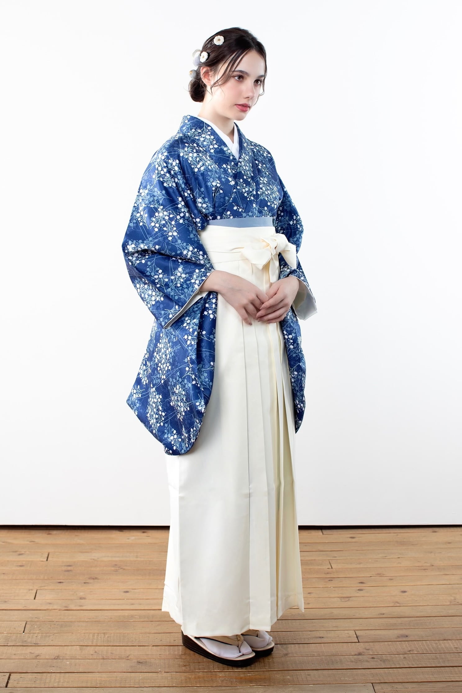 Kimono Sienne 卒業式袴3点セット 袴 二尺袖着物 青 ブルー 紺 袴 卒業
