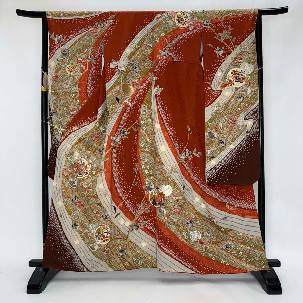 振袖 中古 朱色 大正ロマン 風 正絹 古典 裄66.2cm 身丈162cm 美品 M