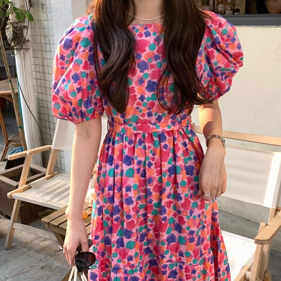 花柄 デザイン ワンピース レディース 韓国ファッション 大人可愛い 春夏