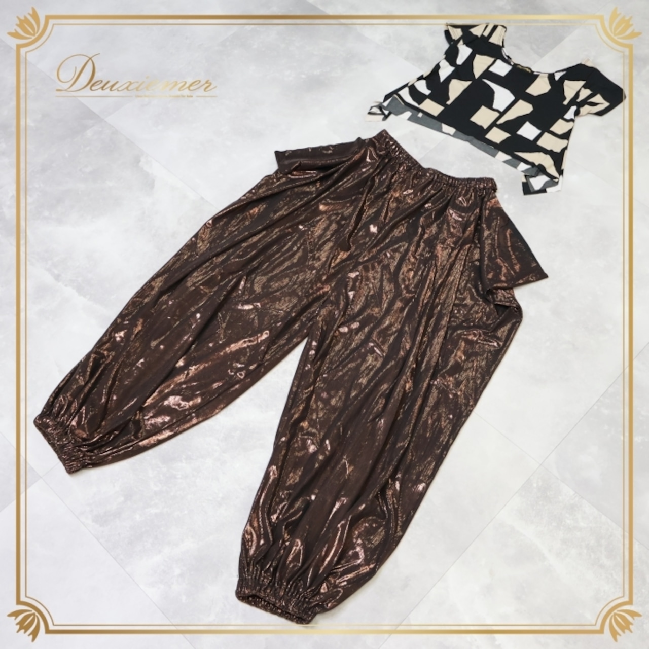 ベリーダンス 衣装 上下セット ブラウン系 miyamiya レッスン 練習 トップス ズボン パンツ ボトムス 茶 黒 白 光沢 ハーレムパンツ ツーピース セットアップ 伸縮 ストレッチ ブラック系 ホワイト系 ベージュ系