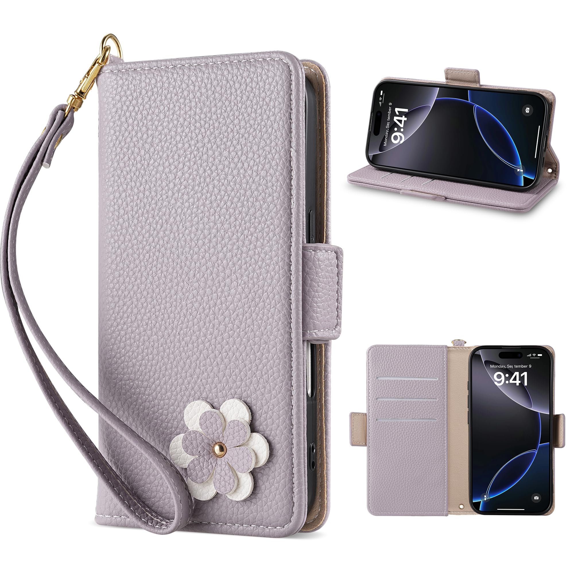 Vokpok対応 かんたんスマホ5 ケース 手帳型 簡約美しい 女性 A601ZT スマホケース 強力マルチカード収納 スタンド機能 A601ZT 携带ケ一ス 財布型 可愛い3Dフラワークラフト 手触りも色合いも あふれる かんたんスマホ5 スマホカバー PUレザー 手帳型力バ一,ライトパープル
