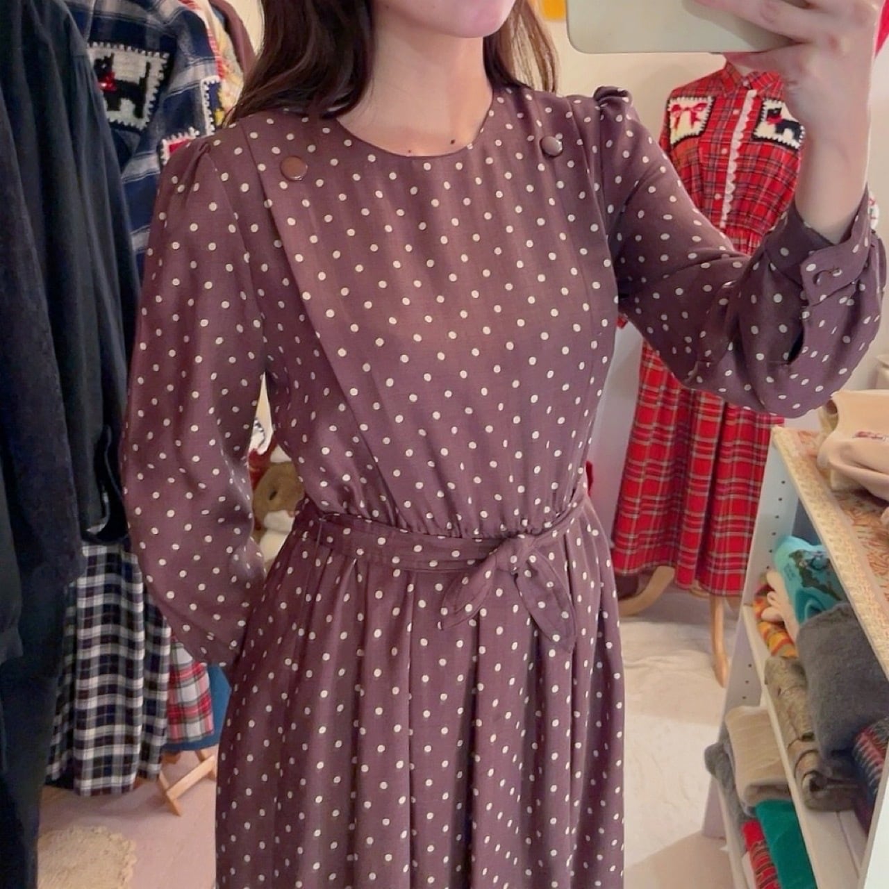 brown dot waist ribbon one-piece