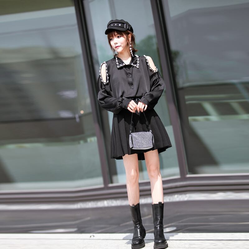 ラージサイズ初秋ルーズワイルドシャツ2020秋新脂肪MMプラス脂肪増加ラペルオフショルダートップス ミックスインファッション74396610976