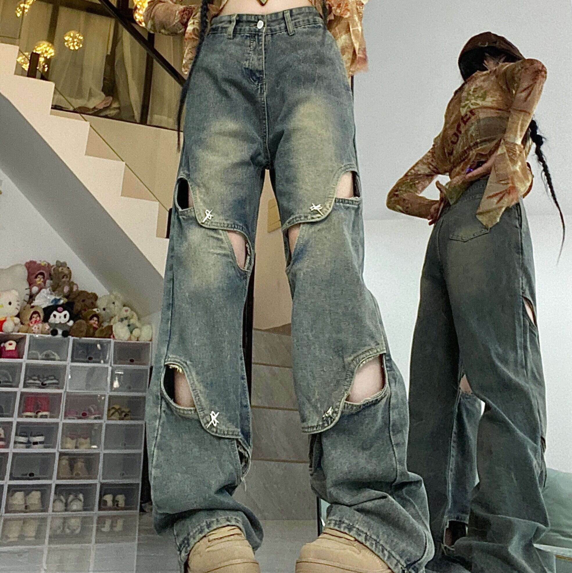 個性派デニム カットアウト ななめスリット 肌見せ ブルー ウォッシュ