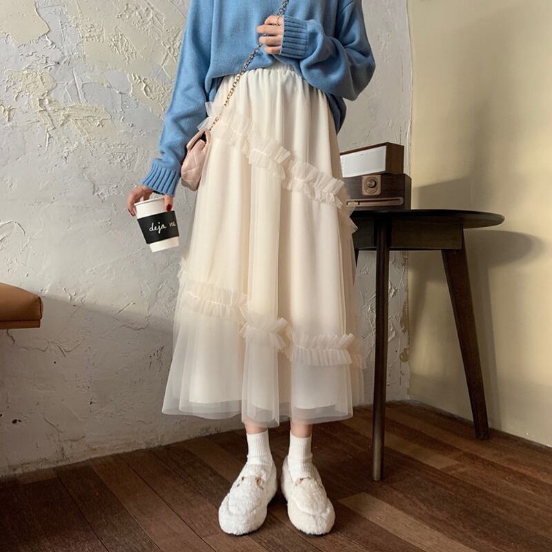 メッシュスカート スプリングオータムスタイルAラインハイウェストスリム 春物 秋物 試着室88004300244