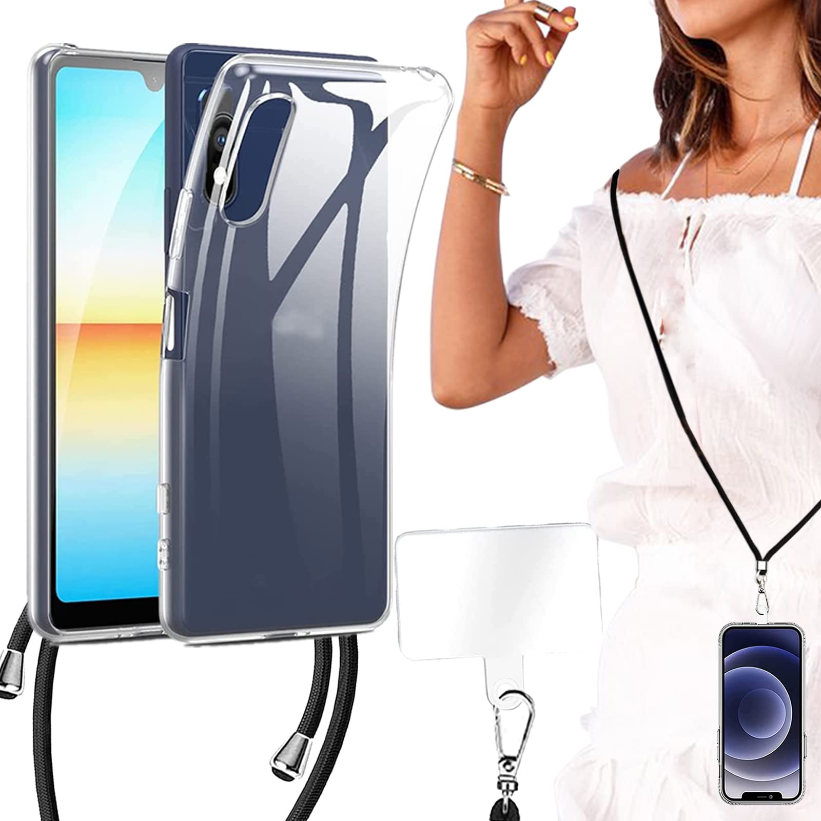 BonwFzin 適用 Xperia Ace III SO-53C ケース クリア ショルダー 透明 エクスペリア Ace 3 SOG08 スマホケース 首がけ XperiaAce3 A203SO XQ-CQ44 透明カバー 軽量 薄型 tpu ソフト 肩がけ 斜め掛け クロスボディ ストラップ付き バンパー 携帯カバー 取り外し可 組合せ式 クリア