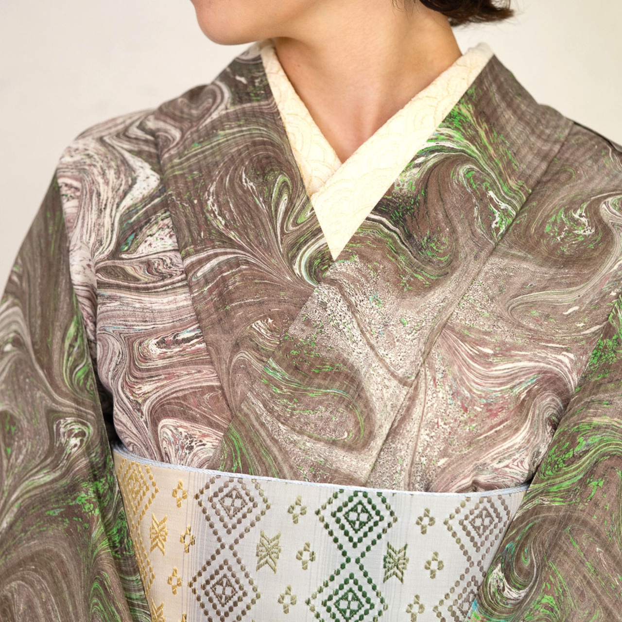 「Noir de Figue〜イチジクの香り」〜」マーブル柄❤︎洗えるきもの(シルジェリー格子柄)〜