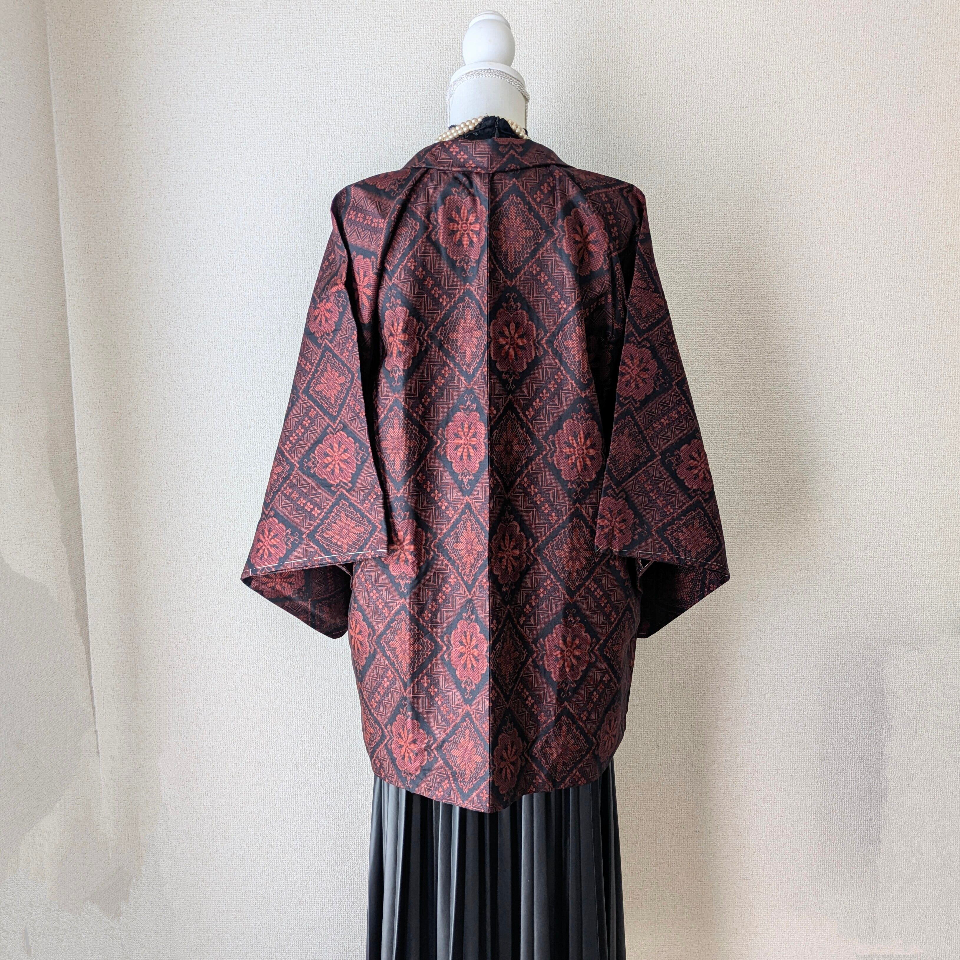Vintage】HAORI 長羽織 羽織 正絹 紬 赤 黒 花菱 シルク 大正浪漫 和洋
