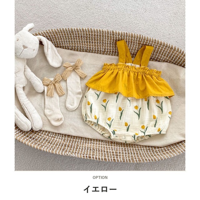 【BABY】チューリップ柄フリルノースリーブロンパース - 3