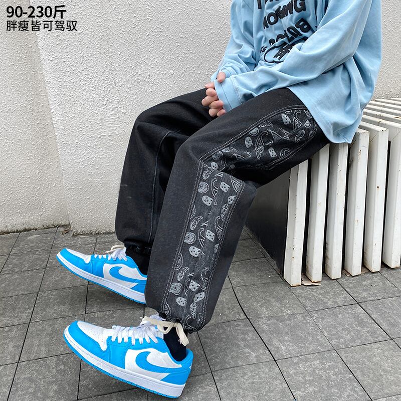 Flowerデザイン ジーンズ オータムルーズギャザーパンツ 大きめサイズ 秋物 フラワーデザイン ステッチ ヒップホッププラスサイズ90096043806