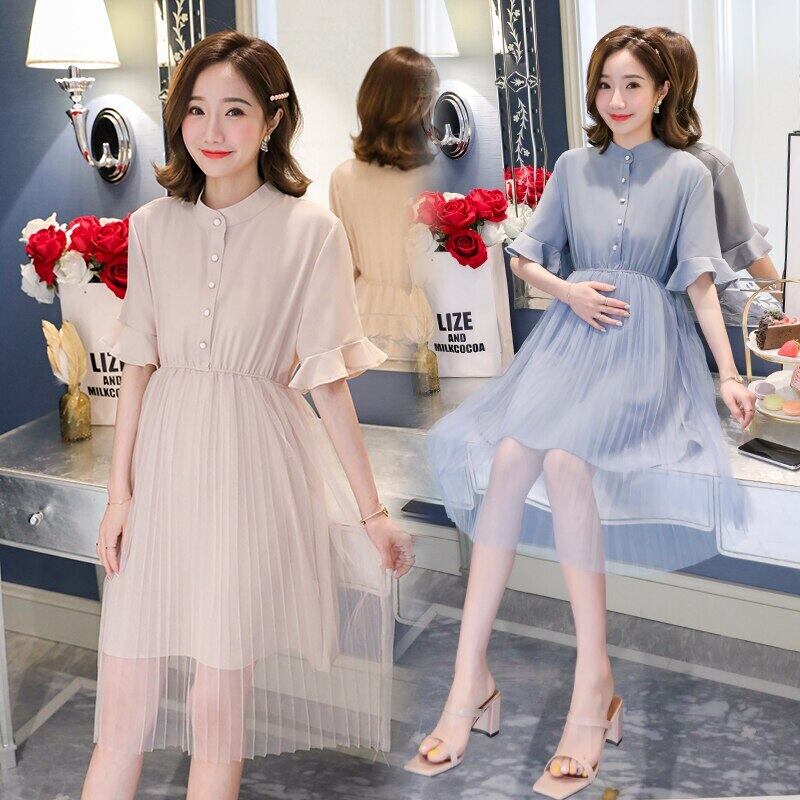 【新作】【送料無料】 8528＃マタニティ服夏半袖偽ツーピースガーゼパッチワークドレス妊婦ママドレス ショート ハーフスリーブ サマー 夏物 AL expec350966772197