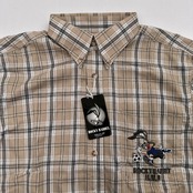 未使用タグ付き◆ROCKY RABBIT ロッキーラビット チェック柄 キャラ刺繍 半袖 ボタンダウン シャツ Mサイズ/ベージュ系/メンズ ゴルフ