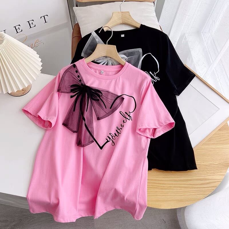 Tシャツ ピンク 黒 白 リボン Tシャツ ラインストーン ねこ ピンク 黒